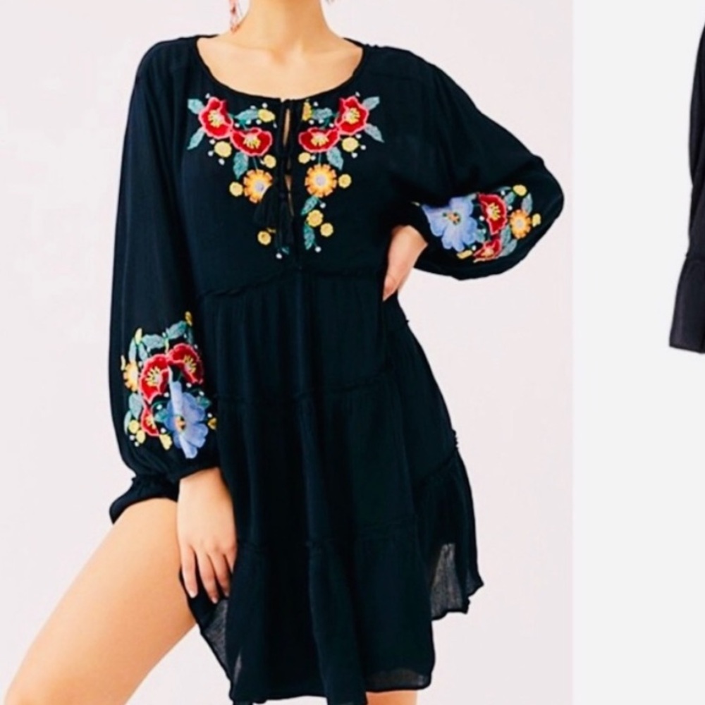 Free People Spell on You Embroidered Boho Peasant Tunic Mini Dress. Size Small